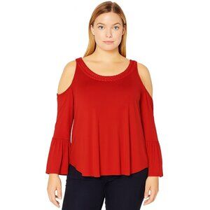 Boston Proper Tunic Top Womens Medium Red Cold Shoulder Bell Sleeve BOHO Holiday